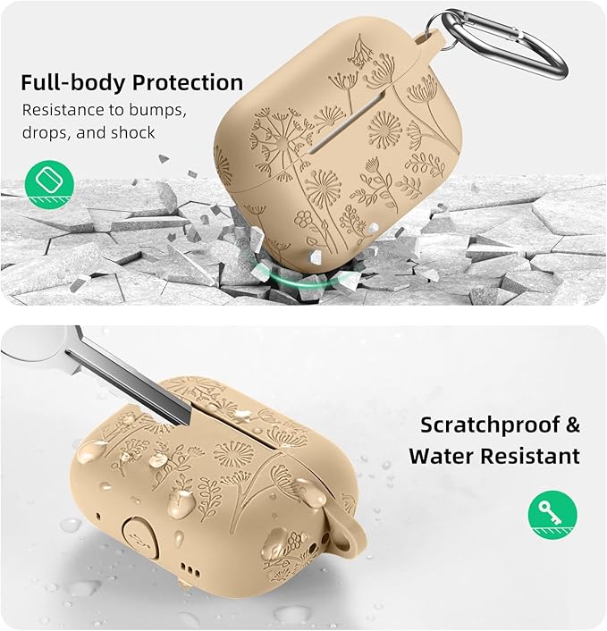 Lerobo for AirPods Pro 2nd/1st Gen Silicone Skin Cover - Cute, Flower Engraved, Full Protective Case Compatible with Apple AirPod Pro/Pro 2 - Front LED Visible, Milk Tea