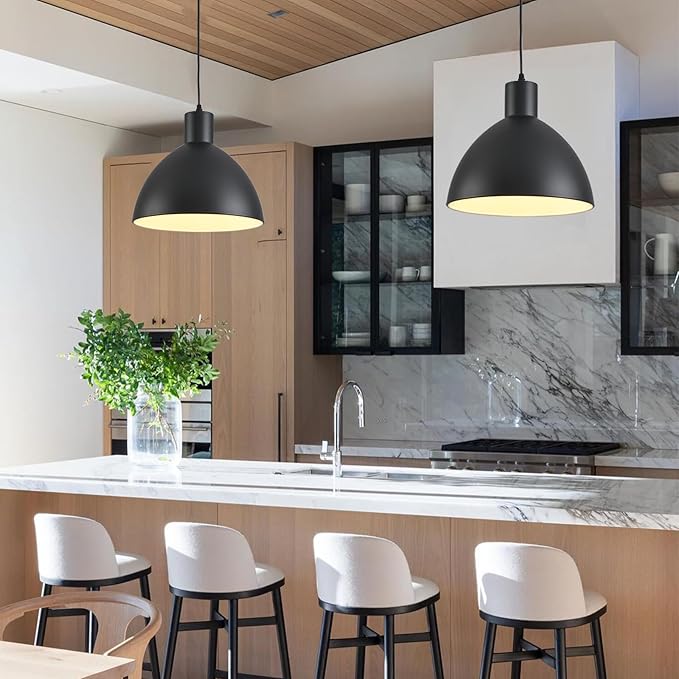 Black Pendant Lights Kitchen Island, 12 Inch Metal Dome Pendant Light, Vintage Industrial Farmhouse Pendant Light Fixture Hanging Lights for Kitchen Island, Dining Room, Cafe, Bar, 2 Pack