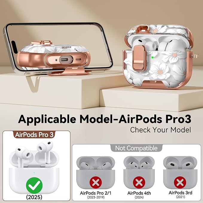 for AirPod Pro 3 Case 2025, with Safty Lock & Phone Stand for Floral AirPod Pro 3 Generation Case Cover for Women Girly, iPod Pro 3 Cases with Keychain & Cleaner Kit -White Lily