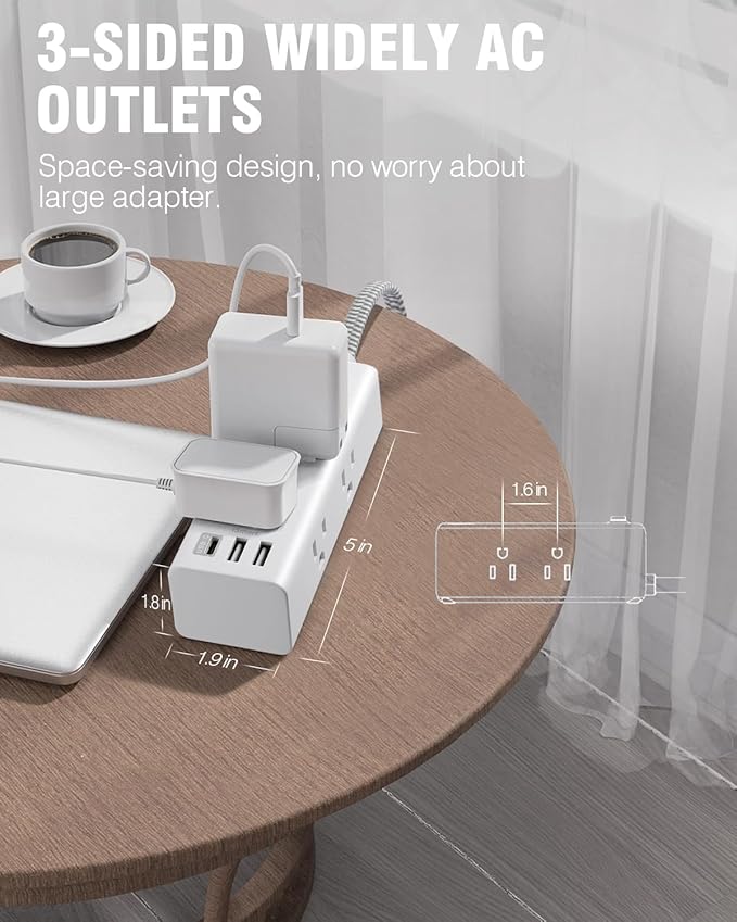 One Beat 20 Ft Extension Cord, Power Strip Surge Protector with 6 Widely Outlets 3 USB Ports (1 USB C), 3-Side Outlet Extender, Wall Mount Flat Plug Power Strip for Travel Home Office College Dorm