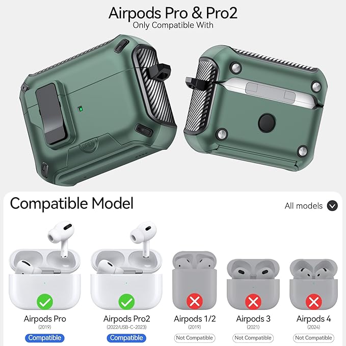 for AirPods Pro 2nd/1st Case (2023/2022/2019) with Phone Stand,（with Automatic Snap Switch） Carbon Fiber Design Protection Cover with Cleaning Pen,Light Green