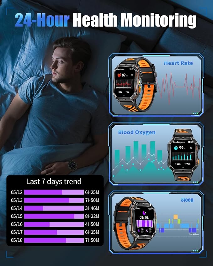 Military Smarty Watch for Men, 2.01" Smartwatch with 1200mAh Battery, Flashlight, Answer/Make Calls, Heart Rate/Sleep Monitor 100+ Sport Modes Fitness Tracker for Android/iPhone