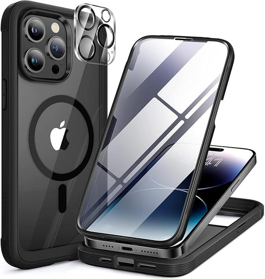 Miracase Magnetic for iPhone 14 Pro Case 6.1 inch, (Compatible with MagSafe) Upgrade Full-Body Clear Phone Bumper Case with Built-in 9H Tempered Glass Screen Protector, Magnetic Matte Black