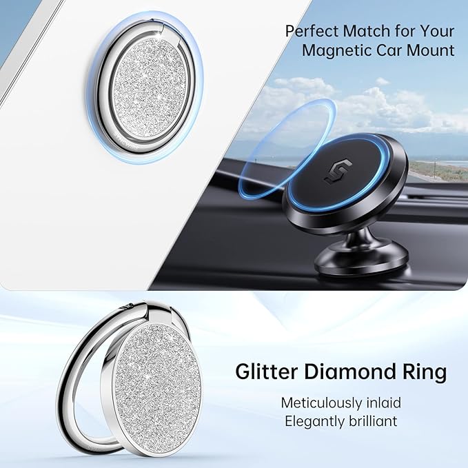 Syncwire Cell Phone Ring Holder Stand, Bling Bling Finger Ring Kickstand 360° Rotation Sparkle Phone Grip for Magnetic Car Mount Compatible with iPhone,Samsung,Pixel, All Smartphones - Glitter Silver