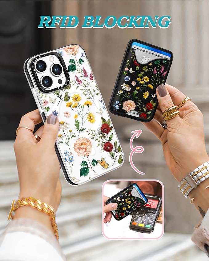 Toycamp for iPhone 14 Pro Max Case - Compatible with Magsafe Credit Card Holder Wallet Magnetic Cute Women Teen Girls Kawaii Girly Unique Flower Floral Design Phone Cover for iPhone 14 Promax