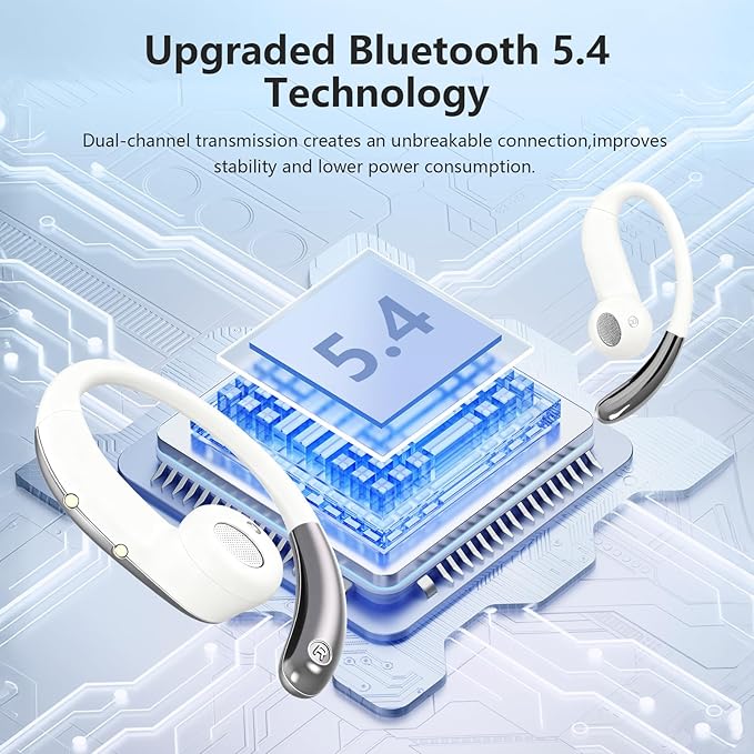 Open Ear Clip Wireless Earbuds Bone Conduction Headphones, Bluetooth 5.4, Open Ear Design, Built-in Mic, IPX7 Waterproof, LED Display Charging Case,Ear Hooks Ear Buds,Design for Running Walking
