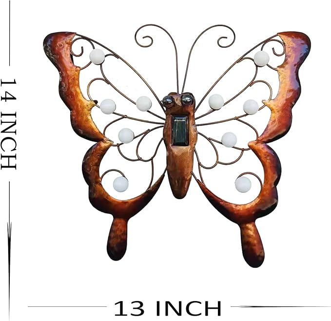 J-Fly Metal Butterfly Solar LED Light Outdoor Wall Art, Solar Butterfly Wall Hanging Outdoor Decoration, Metal Garden Fence Art Decor, 13 * 14 Inch Large Suitable for Garden Patio Fence Balcony Decor