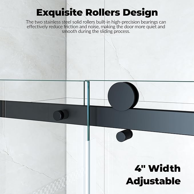 Shower Glass Door 44–48 × 76 inch, Frameless Sliding Shower Door with Square Stainless Steel Track & 55mm Rollers, 6mm Tempered Glass, Matte Black Finish, Stylish Shower Doors for Bathroom Upgrade