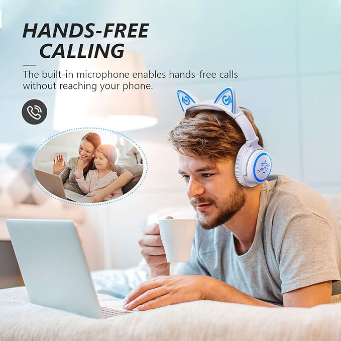 Kids Headphones, Cat Ear LED Light Up Bluetooth Headphones Wired & Wireless, 85dB Volume Limit, 70H Playtime Foldable Over-Ear Headset for iPad Tablet Travel, Gifts for Kids & Adults