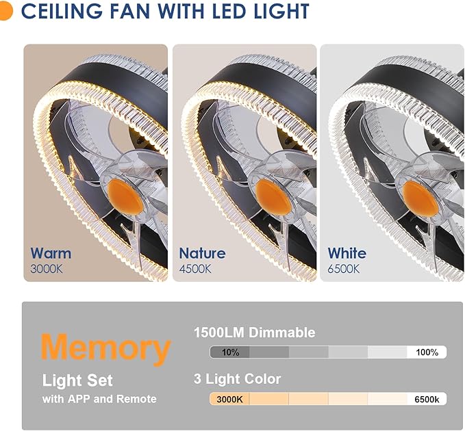 Flush Mount Ceiling Fans with Lights - RGB Low Profile Ceiling Fan,13" Small Dimmable LED Bladeless Ceiling Fans, Modern Enclosed LED-RGB Ambient Light for Bedroom, Kids Room, Party