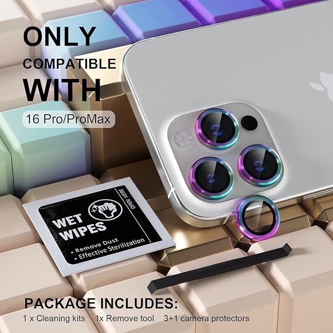 Misea Compatible for iPhone 16 Pro/iPhone 16 Pro Max Camera Lens Protector, Ultra-HD Tempered Glass Camera Cover Screen Protector Metal Individual Ring Protector Decoration Accessories, Colorful