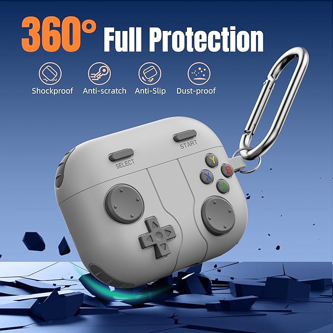Getino Game Case for AirPods Pro 3 Case 2025, Shockproof Silicone Cover for Apple AirPods Pro 3 – with Cleaner Kit & Keychain, Classic Funny Durable Protective Case for Men Boy–Light Gray