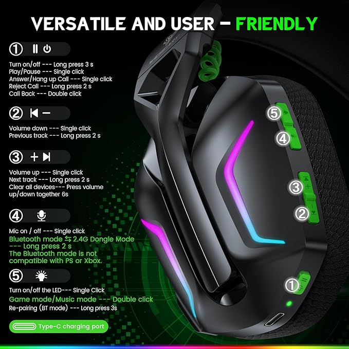 Wireless Gaming Headset for Xbox Series X|S, Xbox One, PS5, PS4, PC, Mac, Switch, 2.4GHz + Bluetooth Gaming Headphones with ENC Mic for Game Boy Color Accessories, 3D Stereo, LED Lights