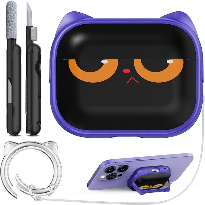 RFUNGUANGO is Compatible with AirPods Pro 3 Protective case, with Mobile Phone Holder Function, Multiple Colors Available, Suitable for AirPods Pro 3 Protective case,Purple + Cartoon Cat Head