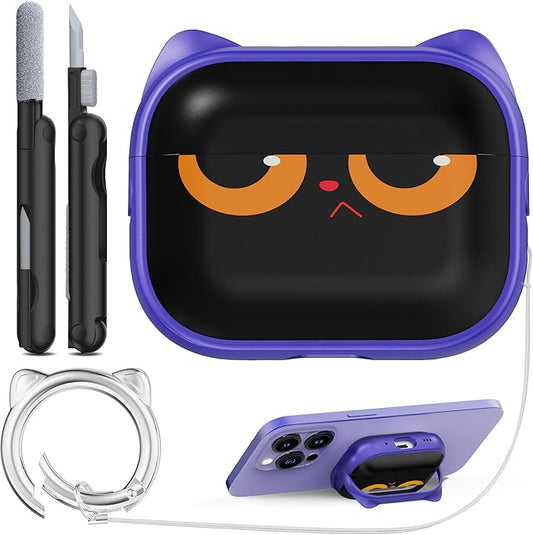 RFUNGUANGO is Compatible with AirPods Pro 3 Protective case, with Mobile Phone Holder Function, Multiple Colors Available, Suitable for AirPods Pro 3 Protective case,Purple + Cartoon Cat Head