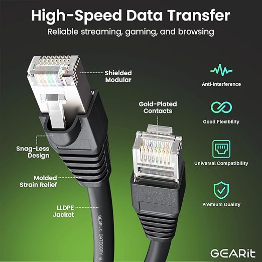 GEARit Cat6 Outdoor Ethernet Cable (100ft) 23AWG Pure Copper, FTP, LLDPE, Waterproof, Direct Burial, In-Ground, UV Resistant, POE, Network, LAN, Internet, Cat 6, Cat6 Cable - 100 Feet