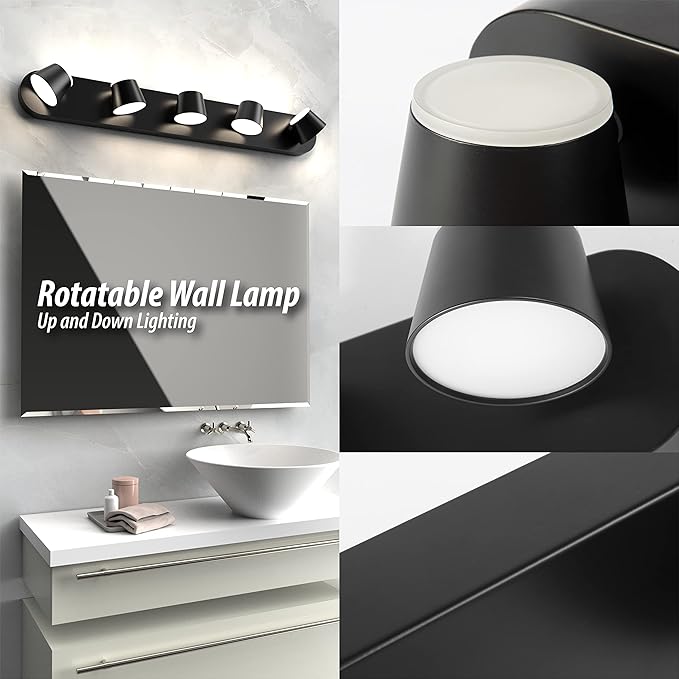 URSOLA 5 Light Bathroom Vanity Light, LED Black Wall Light Fixtures, Up and Down Rotatable Dimmable, 34 inch Bathroom Lighting Fixtures Over Mirror
