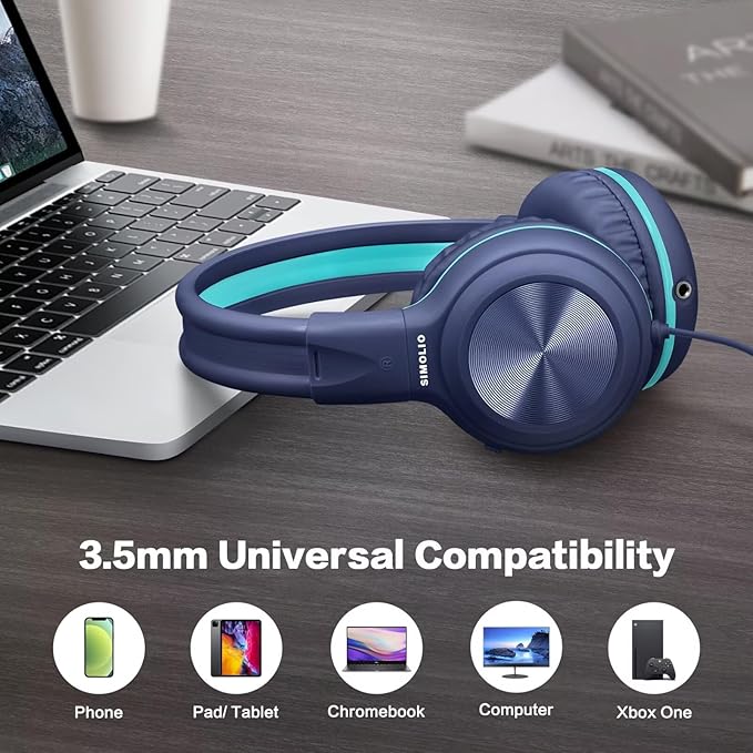 SIMOLIO 2 Pack Wired Headphones with Microphone, Foldable Headphones for Teen Girls Boys, Over Ear Headset with Volume Limited & 3.5mm Aux Share for Cellphone Tablets PC Chromebook School Travel Gift