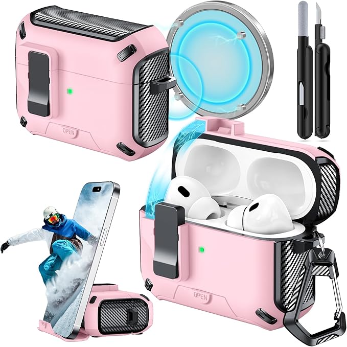 for AirPods Pro 2nd/1st Case (2023/2022/2019) with Phone Stand,（with Automatic Snap Switch） Carbon Fiber Design Protection Cover with Cleaning Pen,Pink