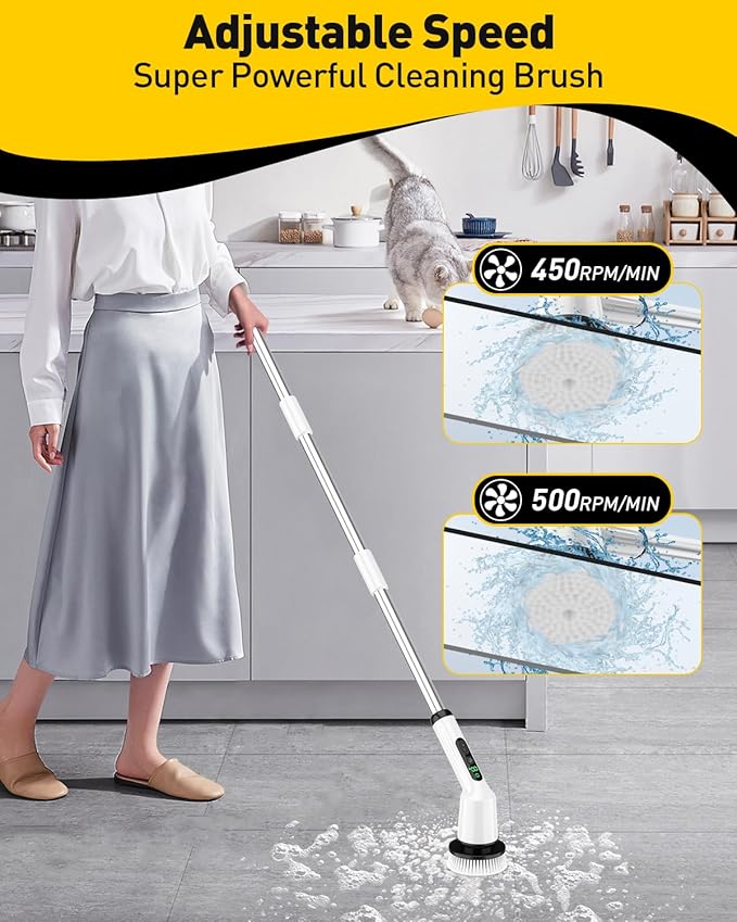 Electric Spin Scrubber for Cleaning Bathroom, Shower Scrubber Cordless Cleaning Brush with IPX7 Waterproof & 2 Speed, 3 Brush Heads, Bathroom Cleaning Supplies for Shower Tub Kitchen Tile Toilet White