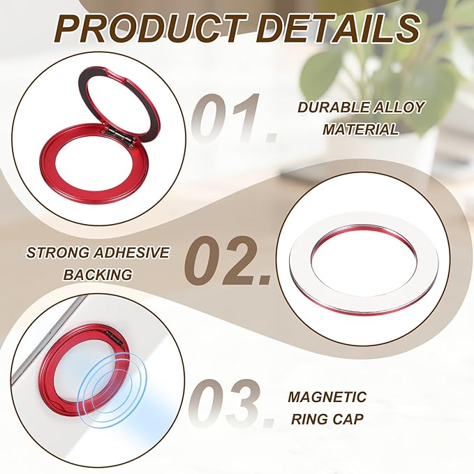 PATIKIL 2Pcs Phone Ring Holder, Metal 360 Rotation Magnetic Phone Grip Holder Stand with Adhesive Backing Smartphone Finger Grip Kickstand for Tablet Case Car Mount Accessory, Red