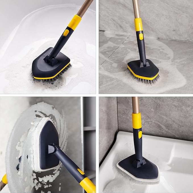 Yocada Tub Tile Scrubber Brush 2 in 1 Cleaning Brush 58.2" Adjustable Telescopic Pole Stiff Bristles Scouring Pads for Cleaning Bathroom Kitchen Toilet Wall Tub Tile Sink with Totally 5 Pads