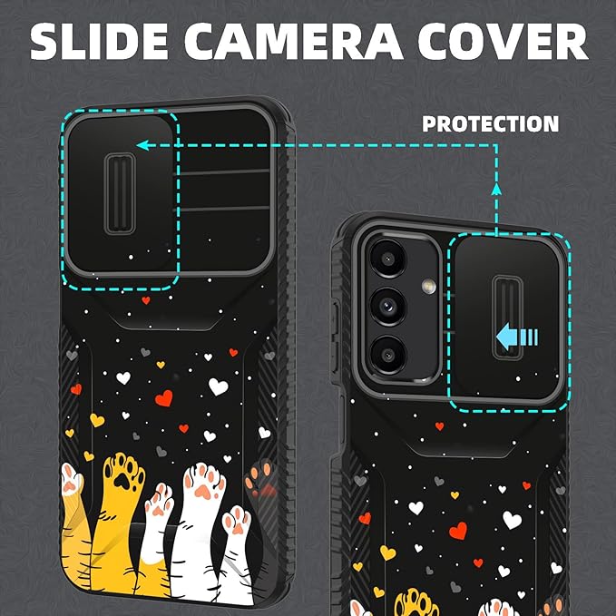 for Galaxy A15 5G Case Built in Slide Camera Lens Cover,Heavy Duty Shockproof Protection Dual Layer Case for Samsung Galaxy A15 5G 6.5 inch 2024,Cute Cat Paw Heart