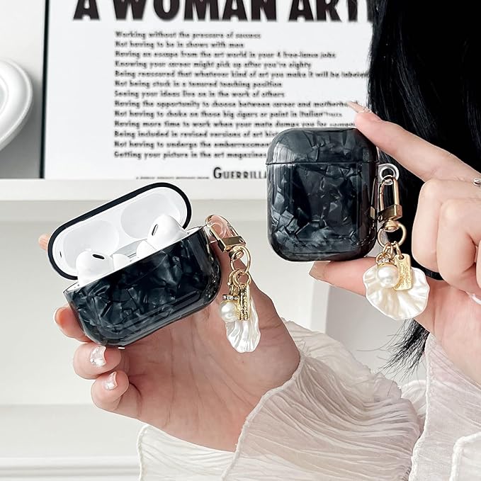 for Cute Glitter Airpods Pro/Pro 2 Gen Case with Cleaner Pen, Shell Pattern iPod Pro 2nd/1st Generation Cover Protective Skin Girl Women with Luxury Pearl Keychain 2023/2022/2019 - Black