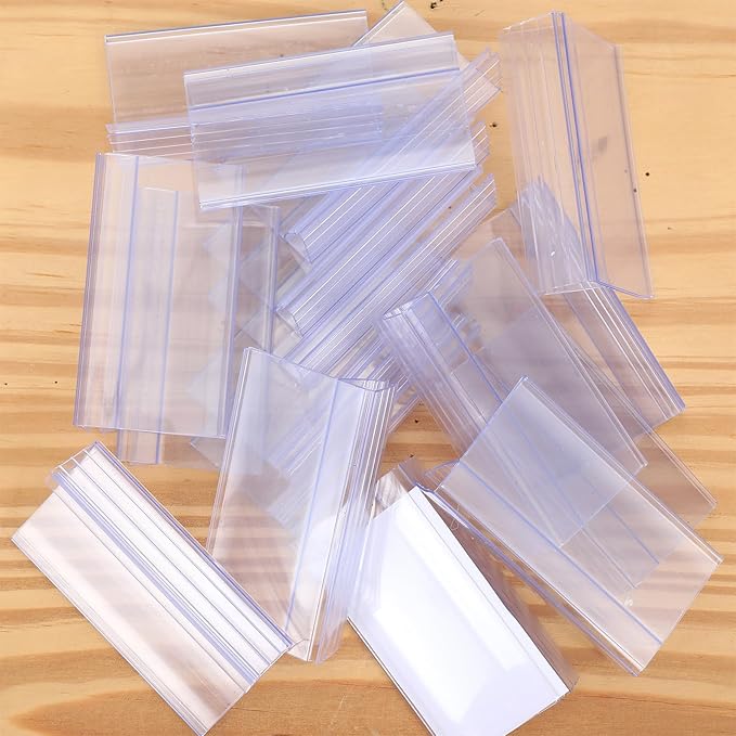 100 Pcs Shelf Label Holder Clear Plastic Clip on Labels Shelf Tags for Wire Shelving 0.15'' to 0.4'' Wood Glass Shelves Sign Price Tags