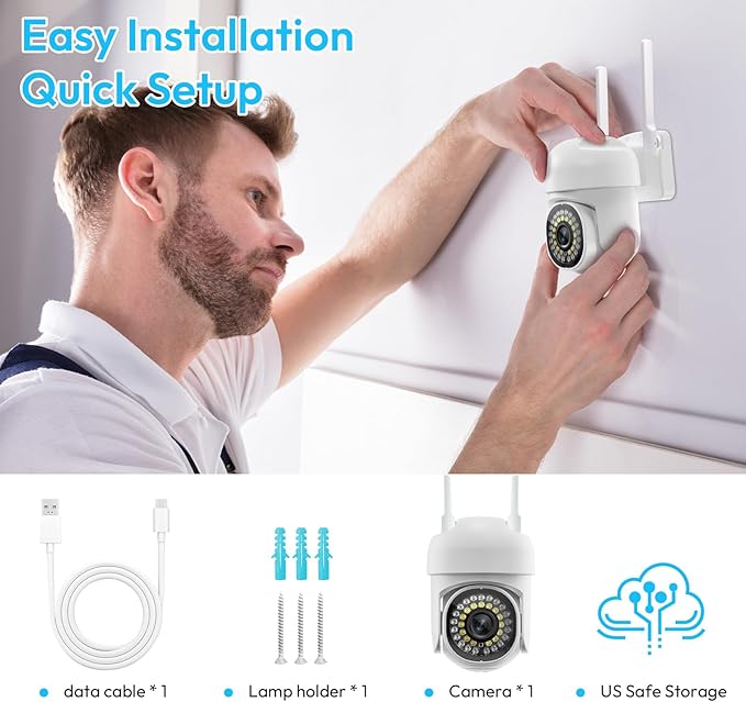 3MP Security Camera Outdoor, 2K HD Cameras for Home Security, Support 2.4GHz WiFi, 360° PTZ Auto Tracking, 2-Way Audio, Motion Detection and Siren, Cloud/SD Storage, Waterproof