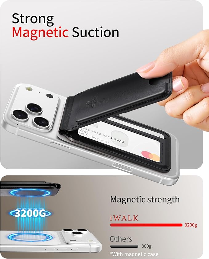 iWALK Stronger Magnetic Wallet, Upgraded for MagSafe Wallet, RFID Blocking, 5 Card Holder with Adjustable Stand, Slim Leather Phone Wallets for iPhone 17/16/15/14/13/12 Series, iPhone Wallets
