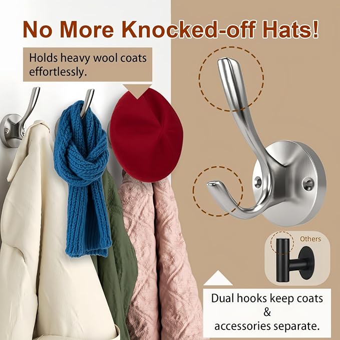 ZUONAI Brushed Nickel Towel Hooks for Bathrooms Wall Mounted 4 Pack Brushed Nickel Coat Hooks Heavy Duty Towel Wall Hooks for Coats Robes Hats Bath Entryway Cubicle Kitchen