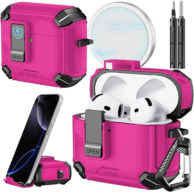 Inesore Compatible with AirPods 4th Case with Phone Stand & Cleaning Kit,Compatible with Magsafe,Magnetic Automatic Lock for Airpods 4 with Active Noise Cancellation Charging Cover (2024)