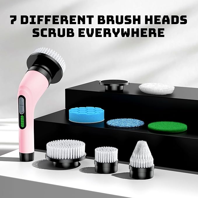 Electric Spin Scrubber - Cordless Bathroom Scrubber with 7 Brush Heads - Dual Speed IPX7 Waterproof Power Scrubber for Heavy-Duty Bathtub, Glass, Tile, and Car Cleaning (Pink)