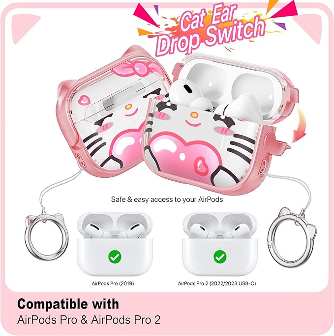 RFUNGUANGO AirPods Pro Case for Women Girly Cat Case with Lock, Phone Stand, Keychain & Cleaner Kit, Compatible with Apple Airpods Pro 2nd/1st Generation Case Cover, Pink Cute Cat