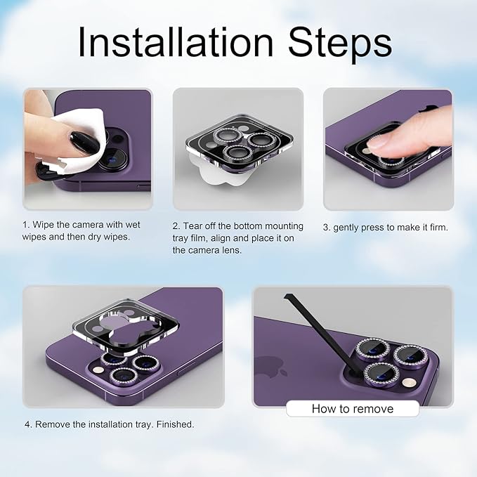 Misea [3+1] for iPhone 14 Pro/iPhone 14 Pro Max Camera Lens Protector Bling, 9H Tempered Glass Camera Cover Screen Protector Metal Individual Ring Protector Decoration Accessories, Purple Diamond