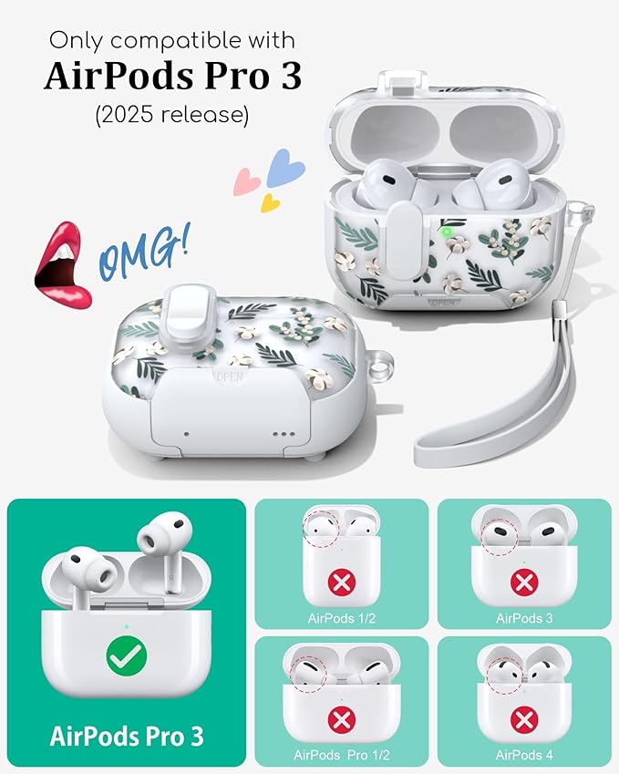 TATOFY for AirPod Pro 3 Case (2025) with Phone Stand Lanyard Lock Cleaning Kit, Compatible with Magsafe, Flowers Hard AirPods Pro 3rd Generation Cover for Women (Green, AirPods Pro 3)