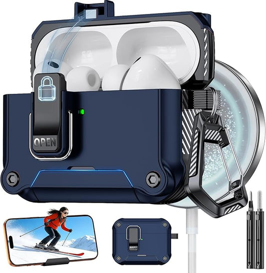 for AirPods Pro 3 Case with Lock,Automatic Snap Switch Design with Phone Stand，Accessories with Cleaning Pen/Keychain/Tool,Compatible with Magsafe(Dark Blue, AirPods Pro 3rd (2025))