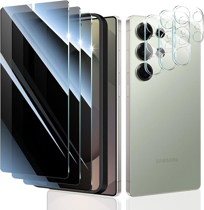 3*Privacy Screen Protector and 3*Camera Lens Protector for Samsung Galaxy S25 Ultra with a Installation Alignment Aid, Anti-Spy Tempered Glass Film, Private Black Protection, [Anti-Scratch][9H Hardness]