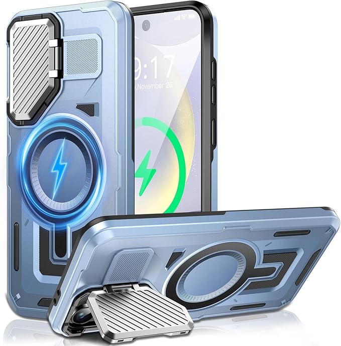 Camera Stand Case for Galaxy S24 FE, [Compatible with MagSafe][Lens Cover] 2024 Version Military Grade Protective Soft Case for Samsung Galaxy S24 FE 6.7" Men Women, Blue