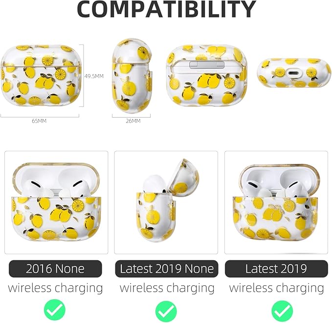 Compatible with Apple Airpods Pro Case for Women, Clear with Designs Patterns Airpods Pro Hard Case PC Shockproof [Front LED Visible ] Anti-Fall Full Protector, Lemon