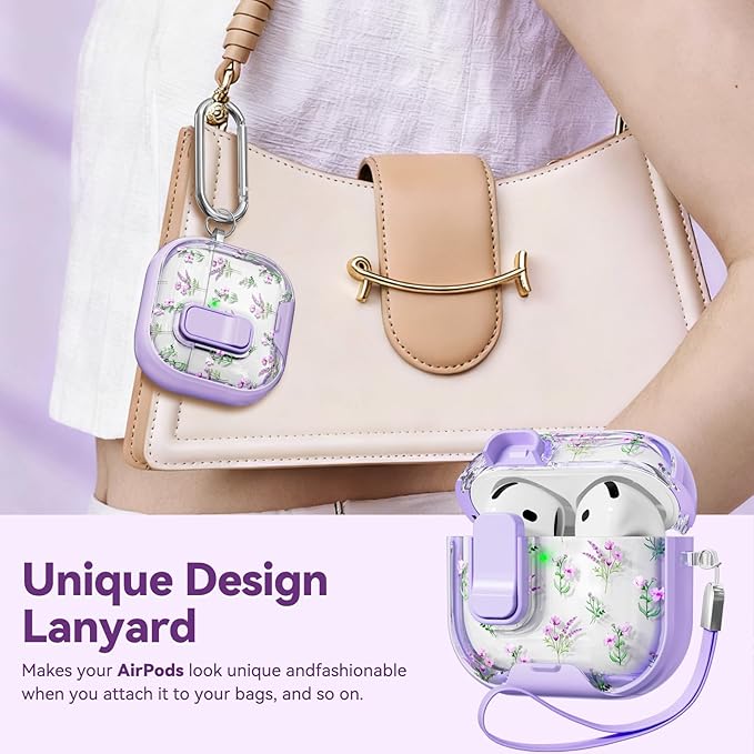 with Safety Lock for Apple AirPods 4 Case,Clear Floral Cute AirPod 4th Generation Case with Phone Stand & Cleaning Kit for Women Girly-Purple Narcissus