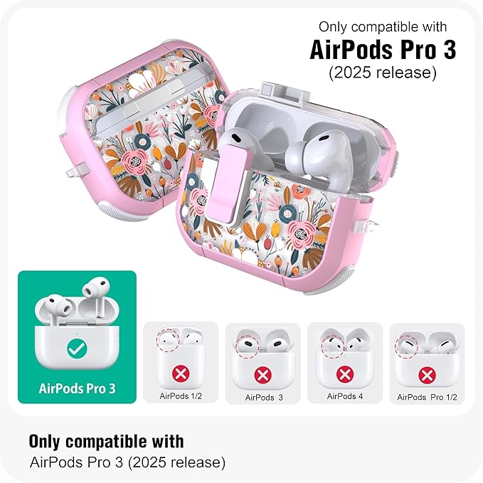 WENEW for AirPods Pro 3 Case (2025) Cover Secure Lock Automatic Snap Switch Clip Cleaner Kit Lanyard Women Stylish Flower Hard Shell Full Body Front LED Visible (Pink Flower, AirPods Pro 3)