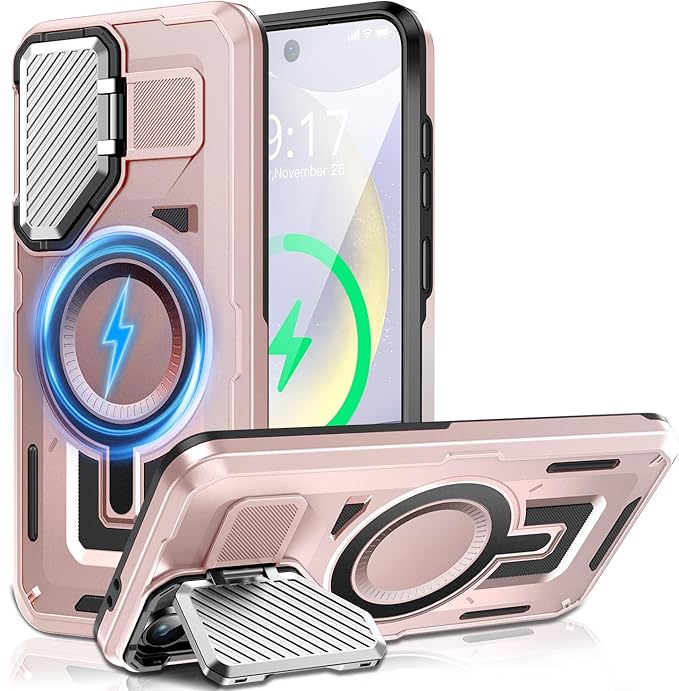 Camera Stand Case for Galaxy S24 FE, [Compatible with Mag Safe][Lens Cover] 2024 Version Military Grade Protective Soft Case for Samsung Galaxy S24 FE 6.7" Men Women, Pink