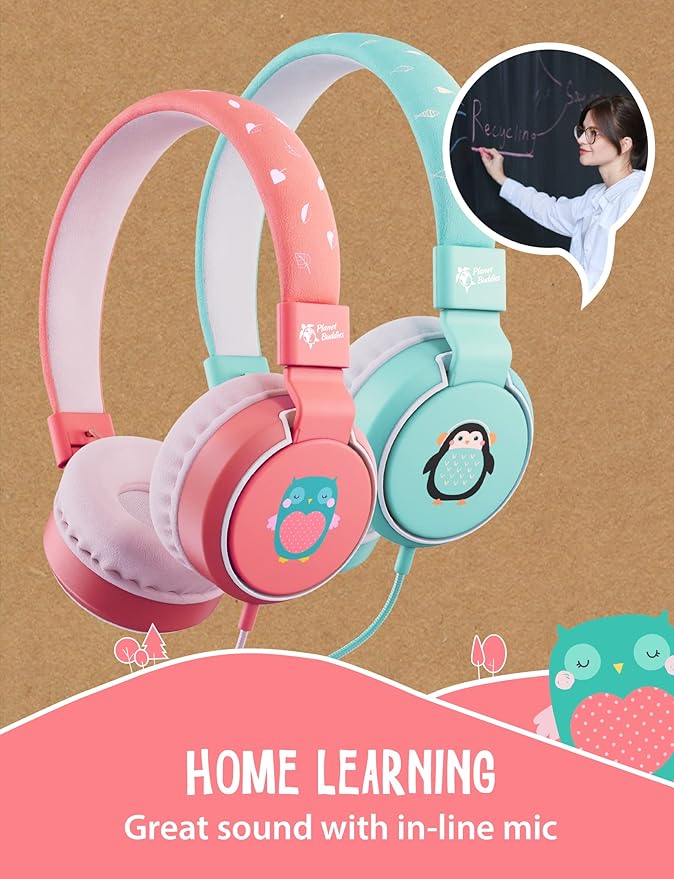Planet Buddies Kids Headphones, On Ear Wired Headphones for Kids, 85db Volume Limiter, Safe Foldable Wired Earphones for Kids with Microphone, Kids Headset for School, Travel, Pink Owl