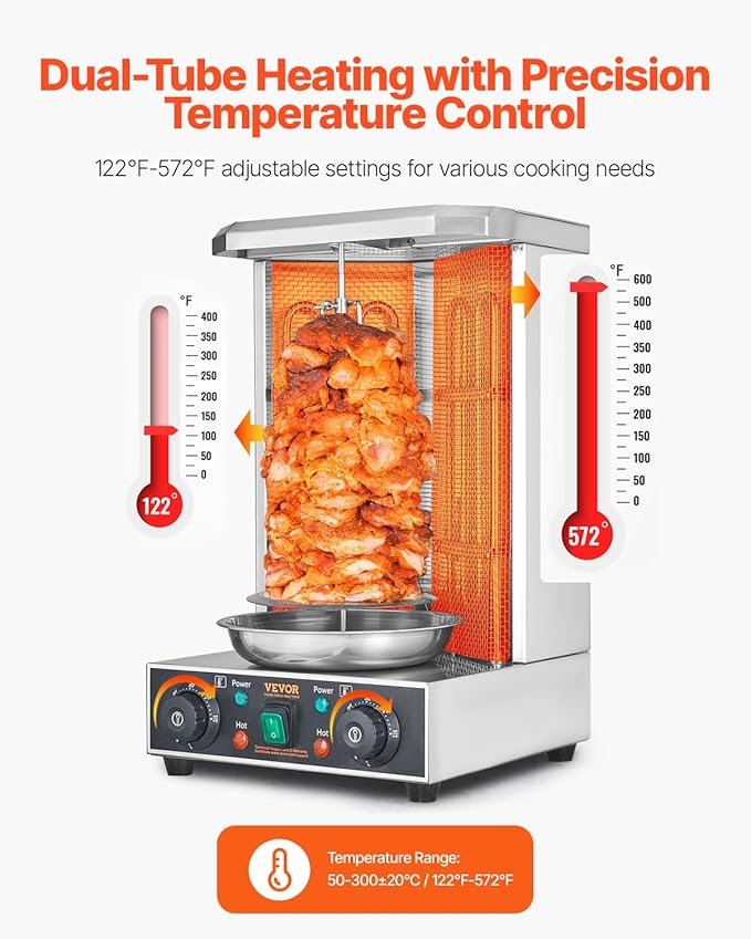 VEVOR Shawarma Grill Machine, 122°F-572°F, 13lbs Capacity, Chicken Shawarma Cooker Machine with 2 Burners, Stainless Steel, Electric Vertical Broiler Gyro Rotisserie Oven for Home and Commercial Use