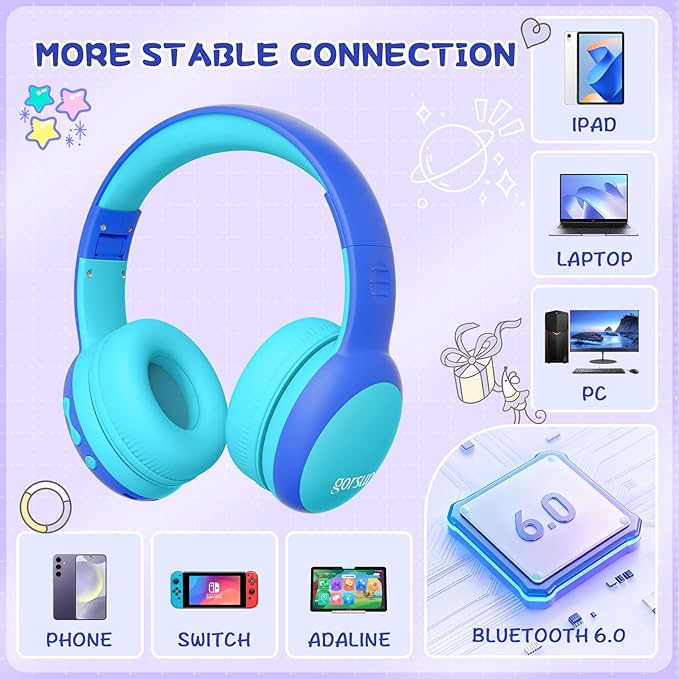 gorsun Kids Bluetooth Headphones, Over-Ear Toddler Headphones with Microphone, 85dB/94dB Volume Limited, 68H Playtime, Bluetooth 6.0, Portable Kids Wireless Headset with Cat Ears (Blue)