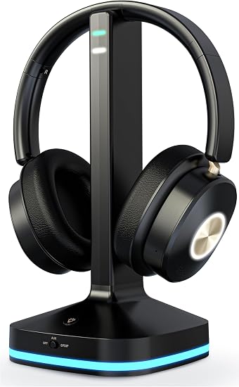 Wireless Headphones for TV, Optical RCA AUX Transmitter Charging Dock