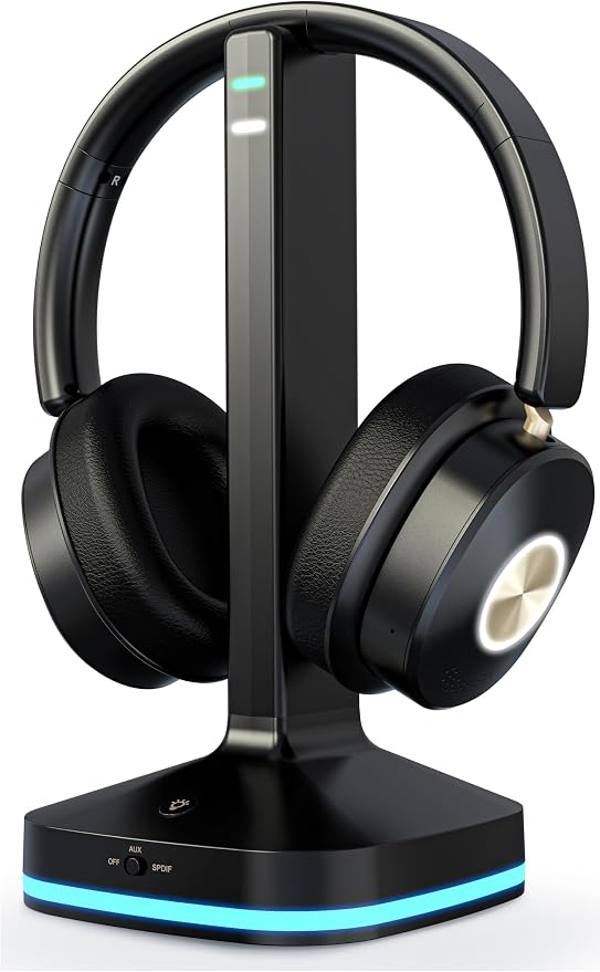 Wireless Headphones for TV, Optical RCA AUX Transmitter Charging Dock