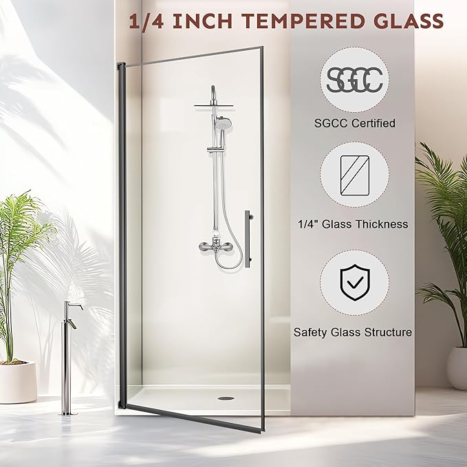 36-Inch Black Shower Door – 72" Height – 115° Opening (Left/Right) – Aluminum Frame – Sliding/Walk-in Glass Enclosure – Tempered Glass
